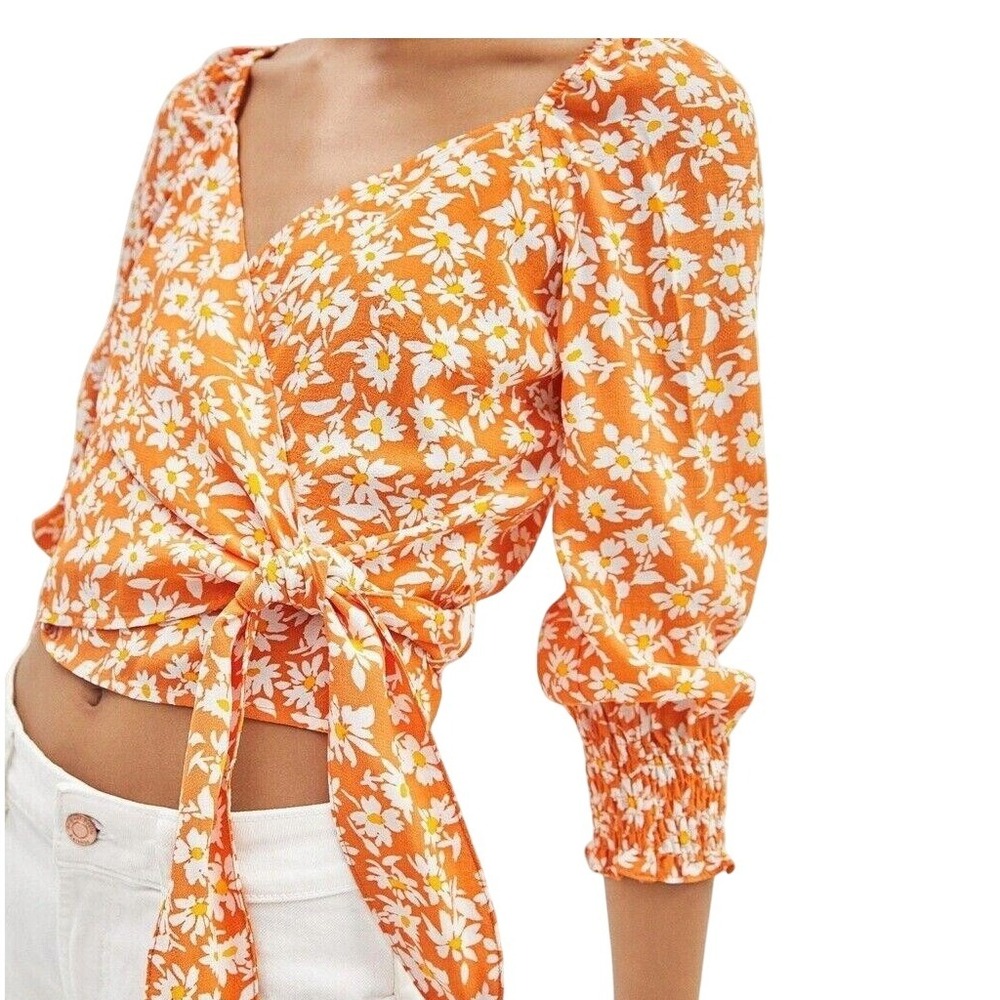 Bershka Wrap Top S Orange Daisy Floral V-Neck Cropped Bohemian Beachy Summer